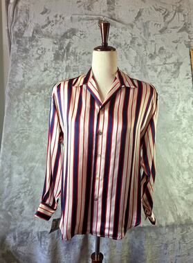 NWT Linda Hutton Women's Size 8 100% Silk Striped Blouse Red Navy Ivory